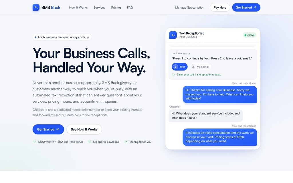SMS Back website on desktop